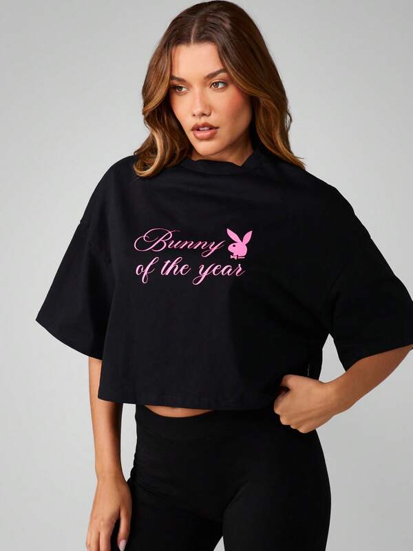 Missguided Missguided X Playboy Oversized Graphic Crop Top With Text Design