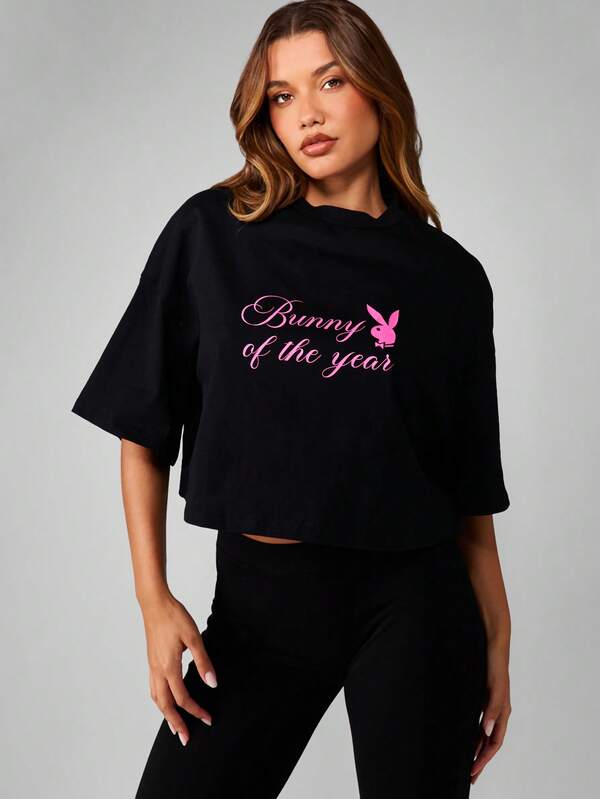 missguided Missguided x Playboy Oversized Graphic Crop Top With Text Design