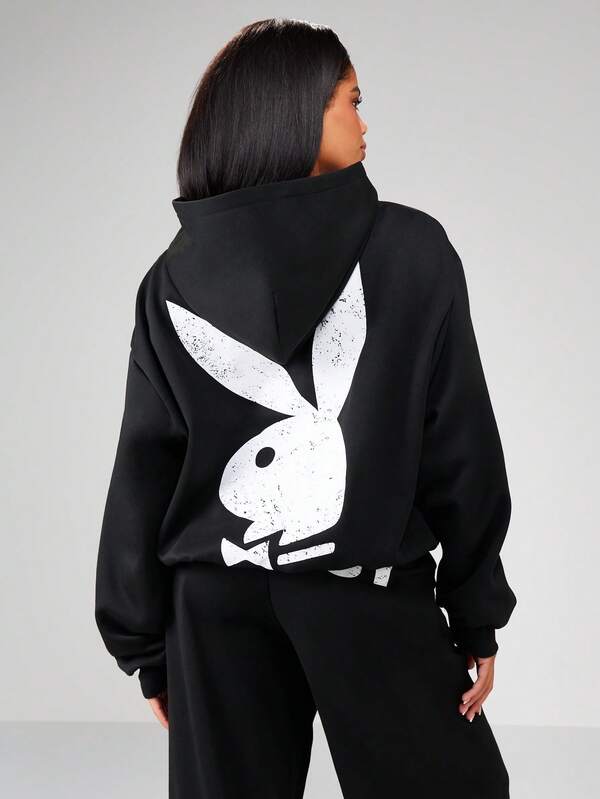 Missguided Missguided X Playboy Oversized Graphic Hoodie With Front And Back Print