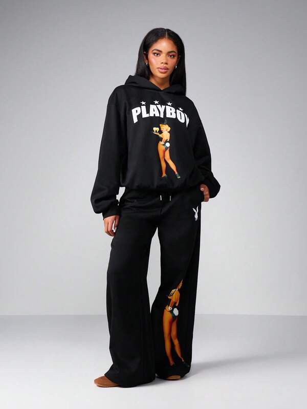 Missguided Missguided X Playboy Oversized Graphic Hoodie With Front And Back Print