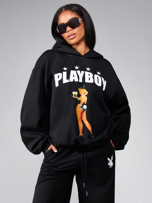 missguided Missguided x Playboy Oversized Graphic Hoodie With Front And Back Print