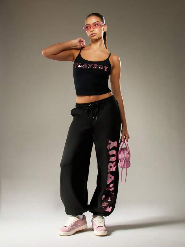 Missguided Missguided X Playboy Oversized Graphic Joggers With Camo Print