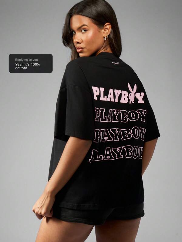 missguided Missguided x Playboy Oversized Graphic Print Casual T-Shirt