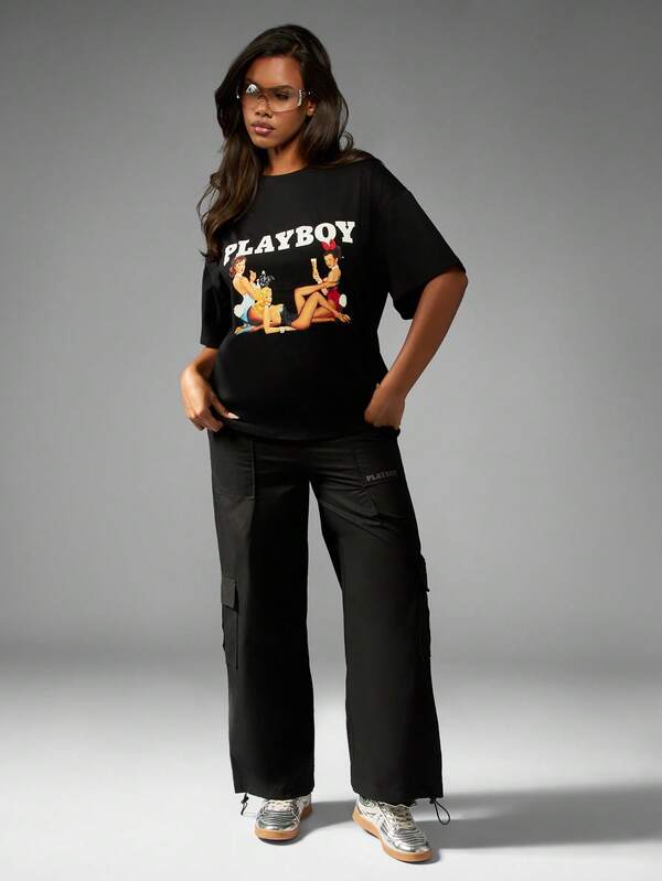 Missguided Missguided X Playboy Oversized Graphic Print T-Shirt With Pin Up Art