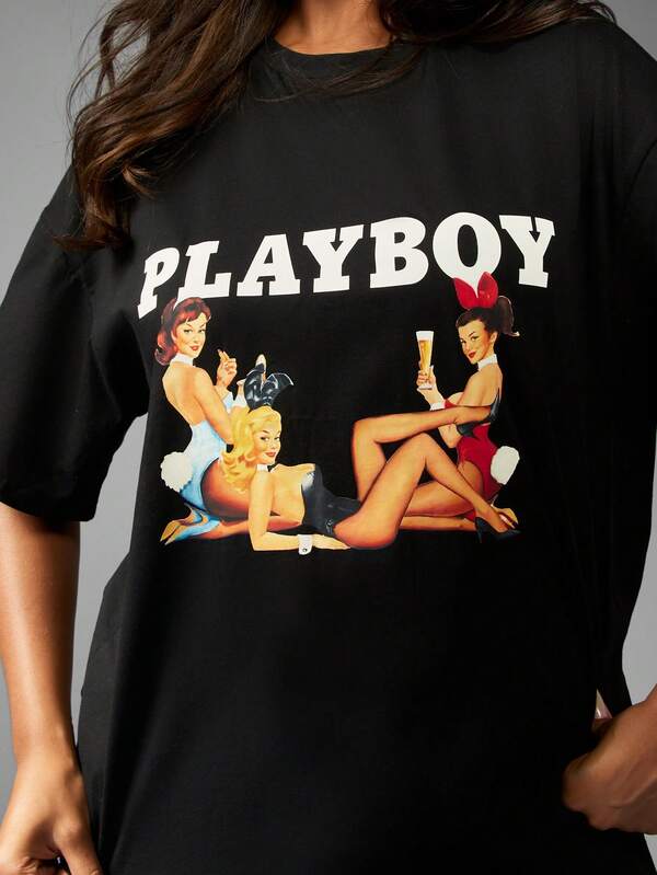 Missguided Missguided X Playboy Oversized Graphic Print T-Shirt With Pin Up Art