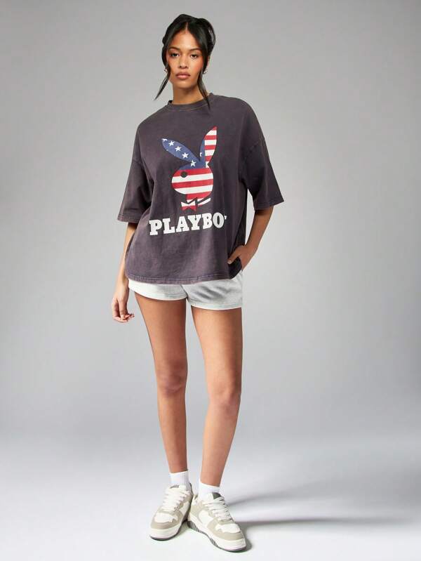 Missguided Missguided X Playboy Oversized Graphic Print Vintage Wash T-Shirt