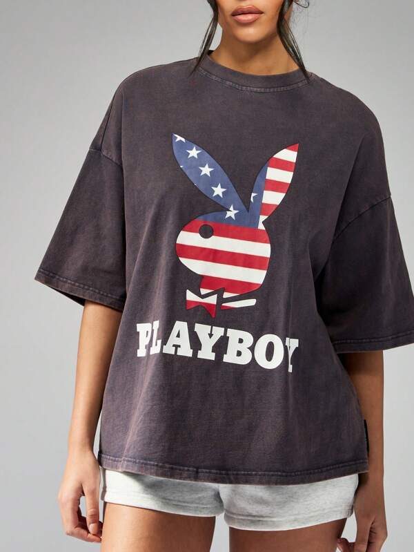 Missguided Missguided X Playboy Oversized Graphic Print Vintage Wash T-Shirt