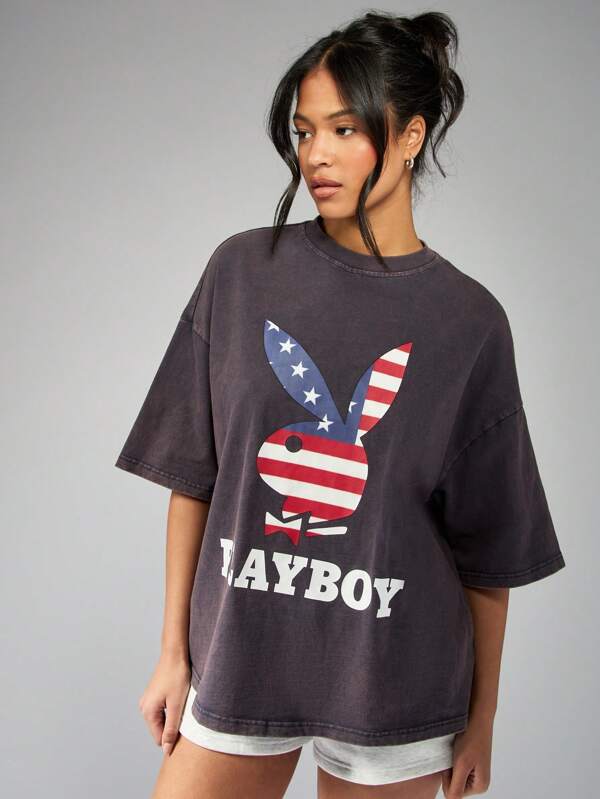 missguided Missguided x Playboy Oversized Graphic Print Vintage Wash T-Shirt