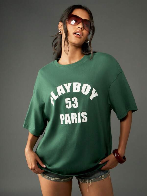 Missguided Missguided X Playboy Oversized Graphic T-Shirt With Collegiate Print