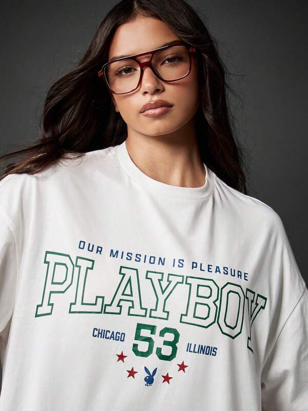 Missguided Missguided X Playboy Oversized Graphic T-Shirt With Varsity Text Print