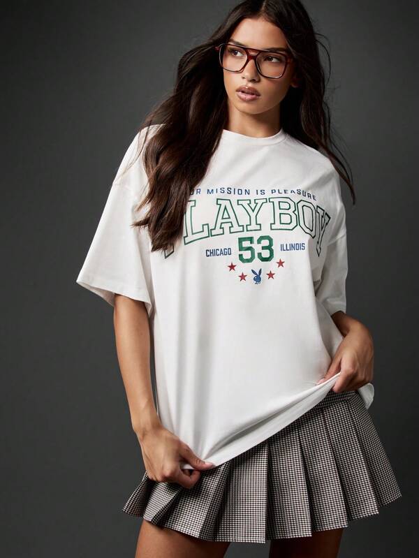 missguided Missguided x Playboy Oversized Graphic T-Shirt With Varsity Text Print