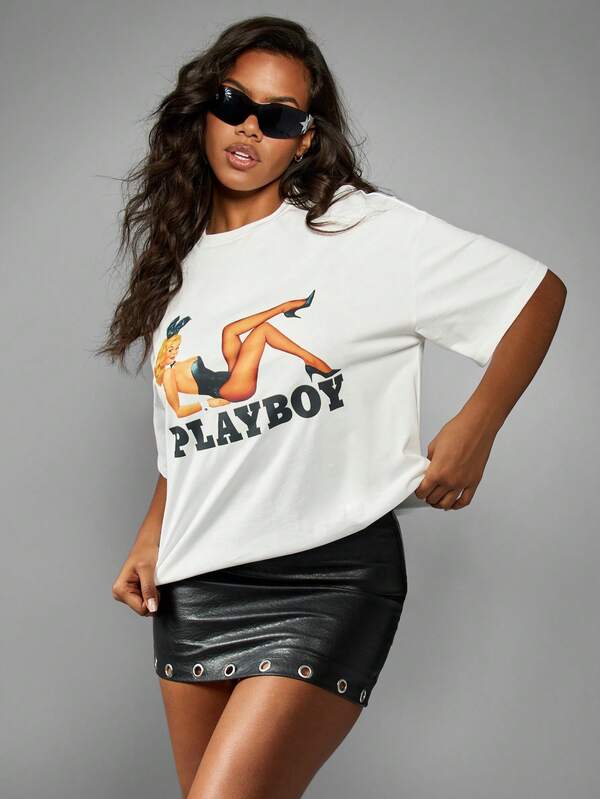 Missguided Missguided X Playboy Oversized Graphic T-Shirt With Print