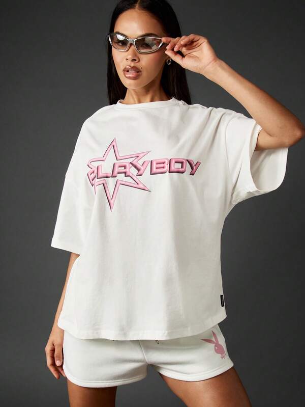 missguided Missguided x Playboy Oversized Graphic T-Shirt With Star Logo
