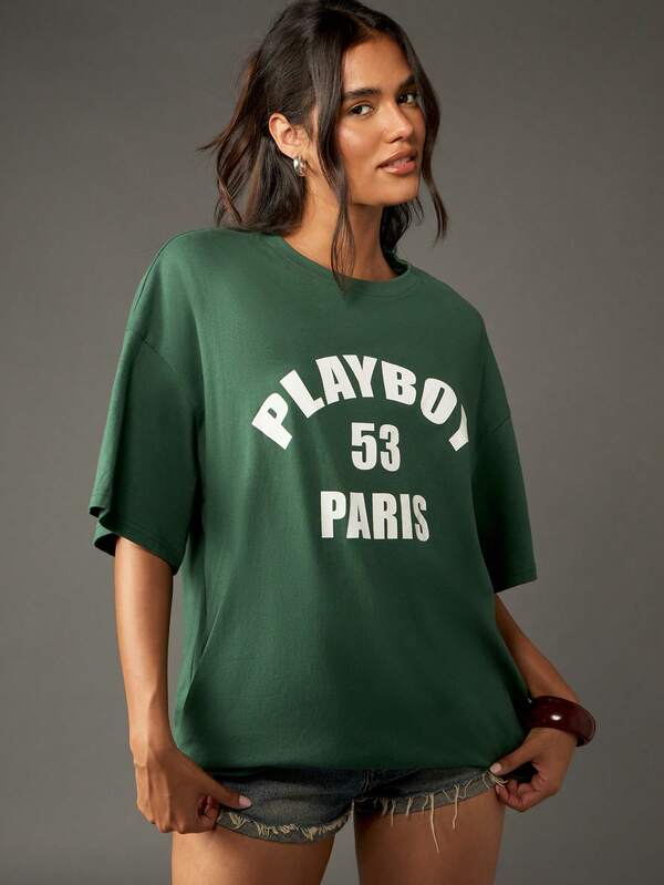 missguided Missguided x Playboy Oversized Graphic T-Shirt With Collegiate Print
