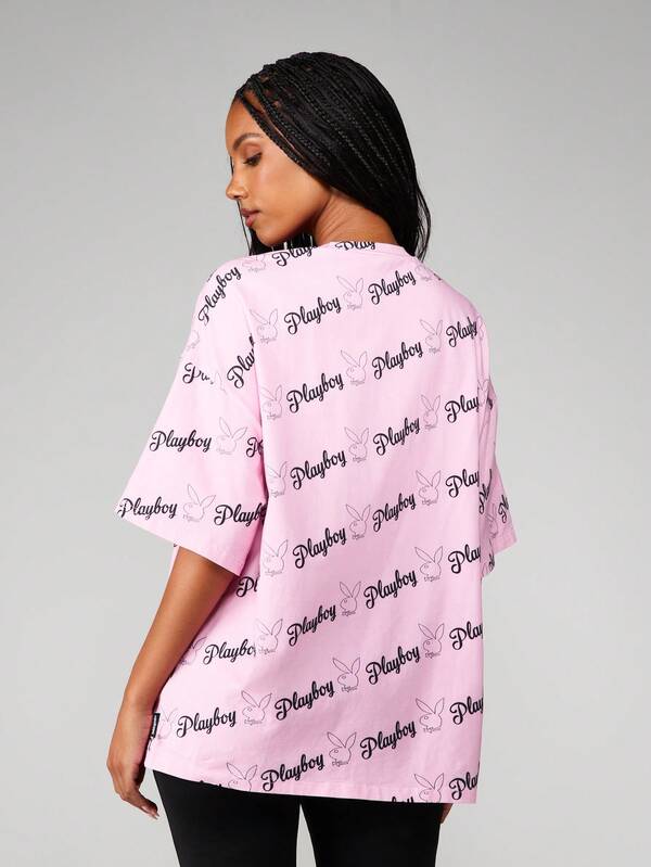 Missguided Missguided X Playboy Oversized Graphic Tee With All Over Print