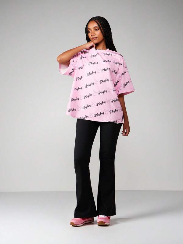 Missguided Missguided X Playboy Oversized Graphic Tee With All Over Print