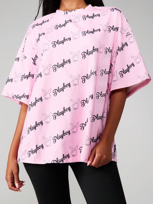 Missguided Missguided X Playboy Oversized Graphic Tee With All Over Print