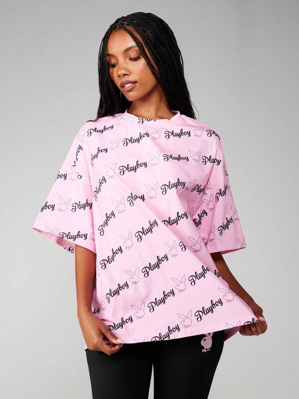 missguided Missguided x Playboy Oversized Graphic Tee With All Over Print
