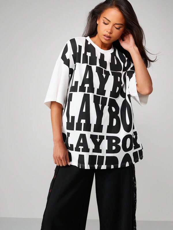 Missguided Missguided X Playboy Oversized Graphic Tee With Bold Typography