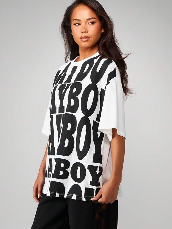 Missguided Missguided X Playboy Oversized Graphic Tee With Bold Typography