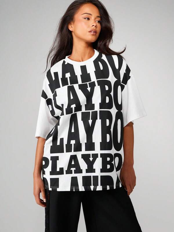 missguided Missguided x Playboy Oversized Graphic Tee With Bold Typography