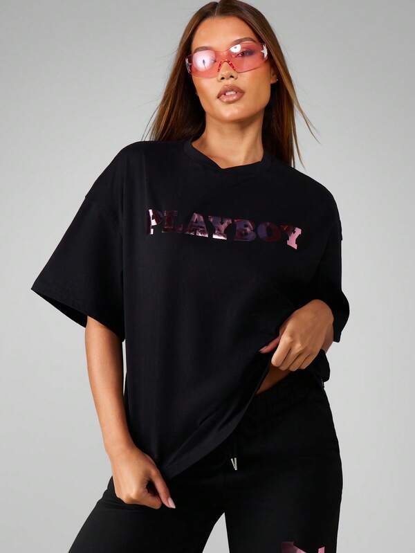 Missguided Missguided X Playboy Oversized Graphic Tee With Bunny Print