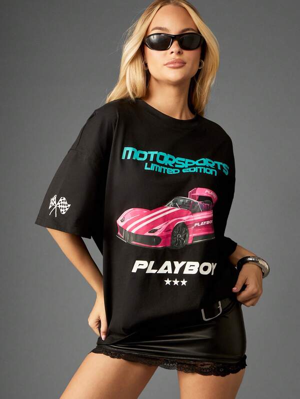missguided Missguided x Playboy Oversized Graphic Tee With Car Print