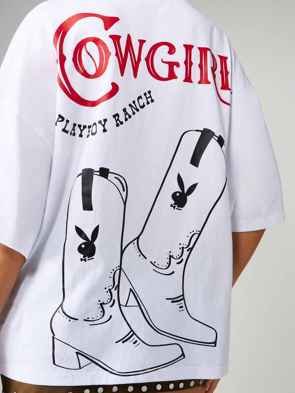 Missguided Missguided X Playboy Oversized Graphic Tee With Cowgirl Print