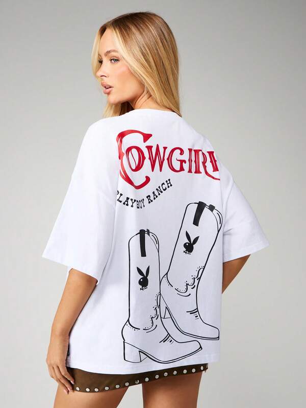 missguided Missguided x Playboy Oversized Graphic Tee With Cowgirl Print