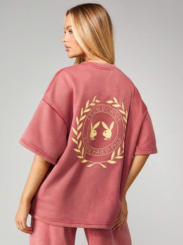 Missguided Missguided X Playboy Oversized Graphic Tee With Logo Print