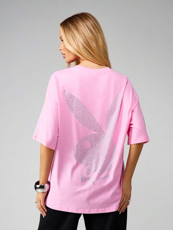 Missguided Missguided X Playboy Oversized Graphic Tee With Rhinestone Logo