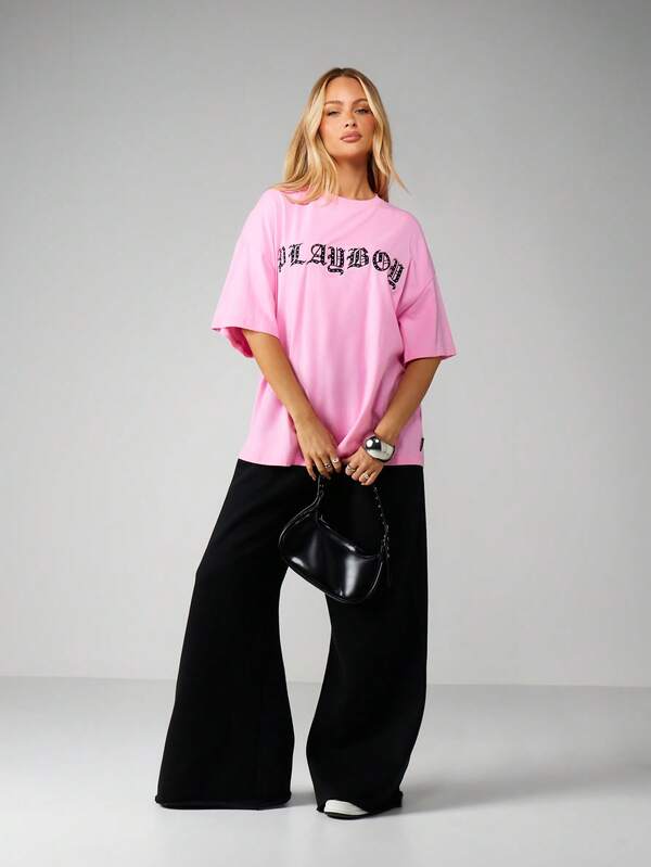 Missguided Missguided X Playboy Oversized Graphic Tee With Rhinestone Logo