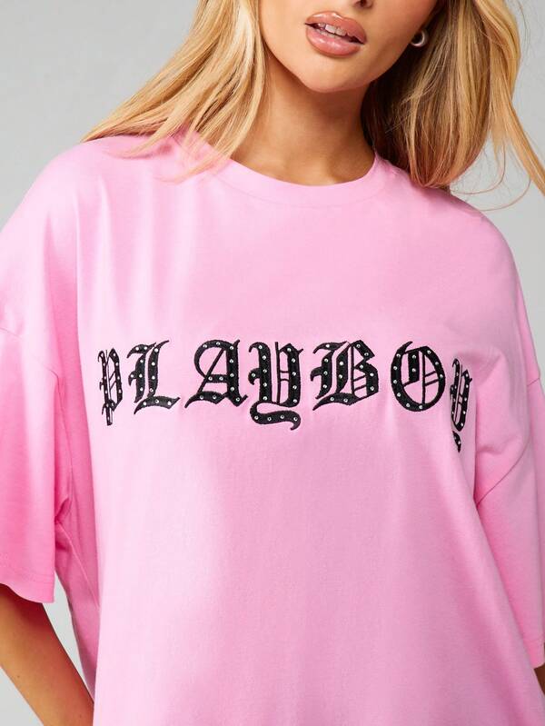Missguided Missguided X Playboy Oversized Graphic Tee With Rhinestone Logo