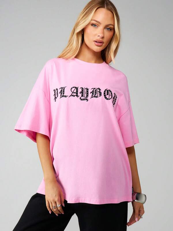 missguided Missguided x Playboy Oversized Graphic Tee With Rhinestone Logo