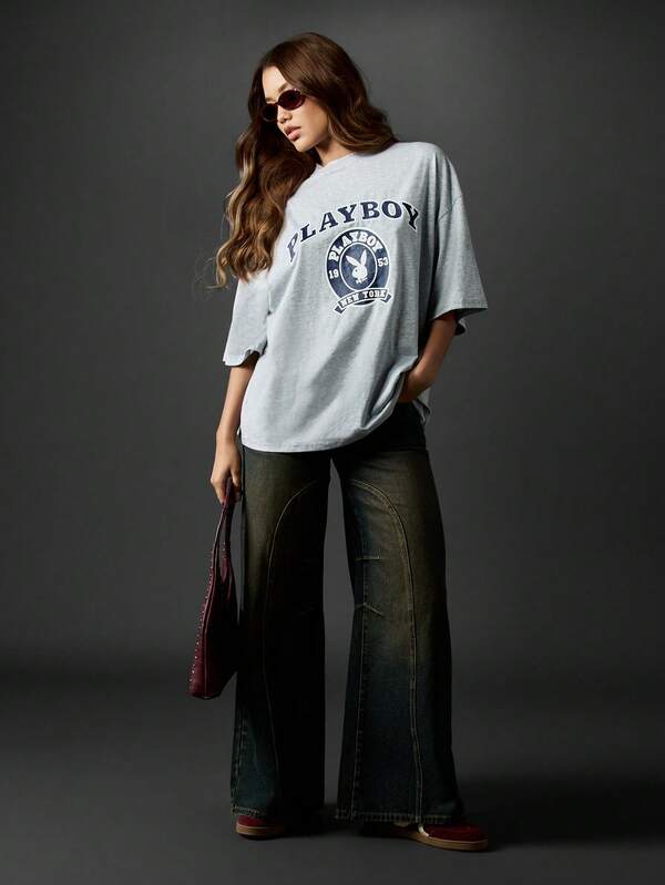 Missguided Missguided X Playboy Oversized Grey T Shirt With Collegiate Logo Print