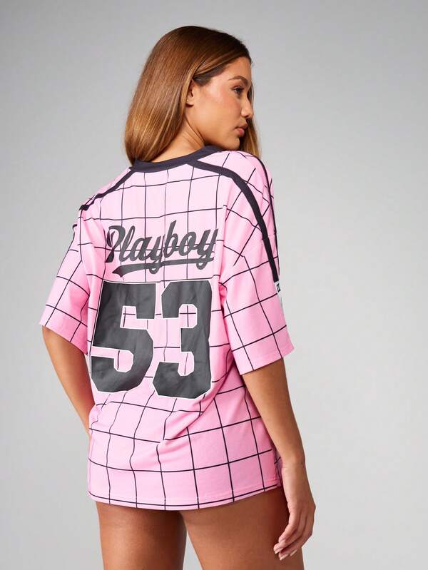Missguided Missguided X Playboy Oversized Grid Pattern Jersey With Varsity Number