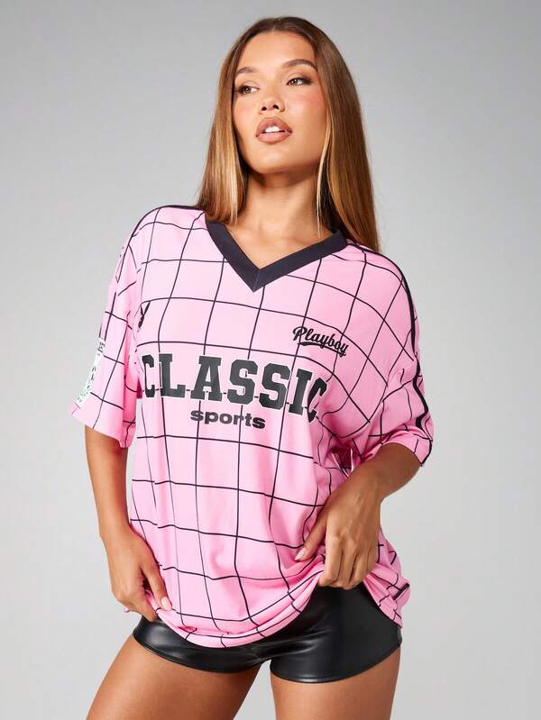 missguided Missguided x Playboy Oversized Grid Pattern Jersey With Varsity Number