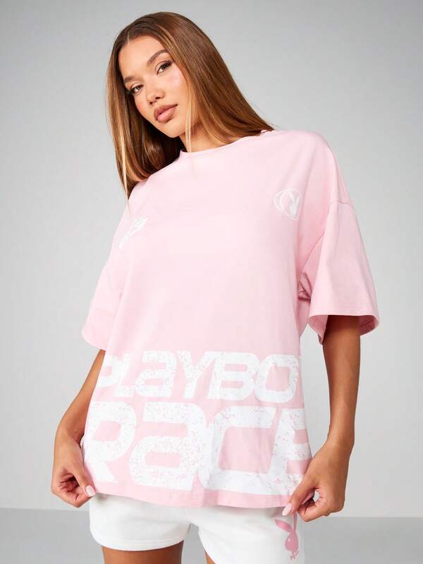 missguided Missguided x Playboy Oversized Half Sleeve T-Shirt With Block Text Print