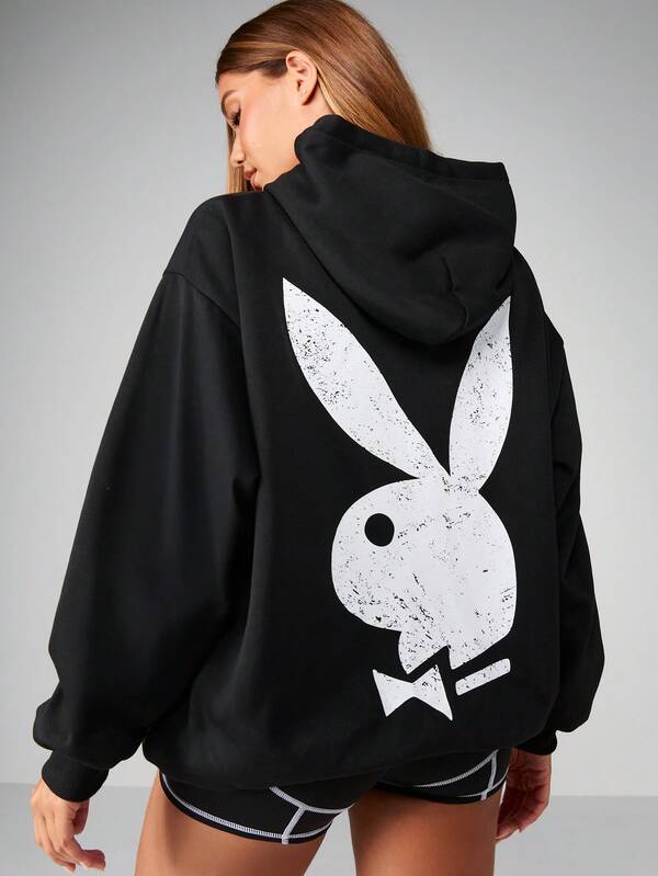 Missguided Missguided X Playboy Oversized Hooded Mini Dress With Graphic Print