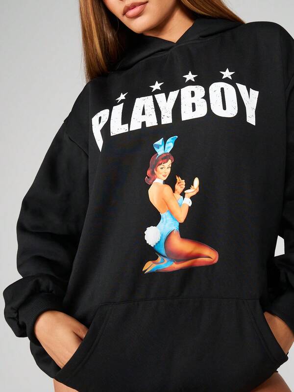 Missguided Missguided X Playboy Oversized Hooded Mini Dress With Graphic Print