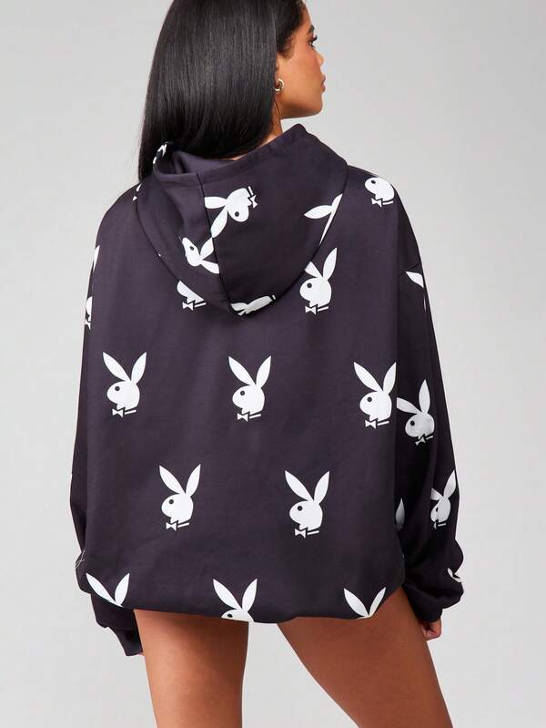 Missguided Missguided X Playboy Oversized Hooded Mini Dress With Bunny Print Design