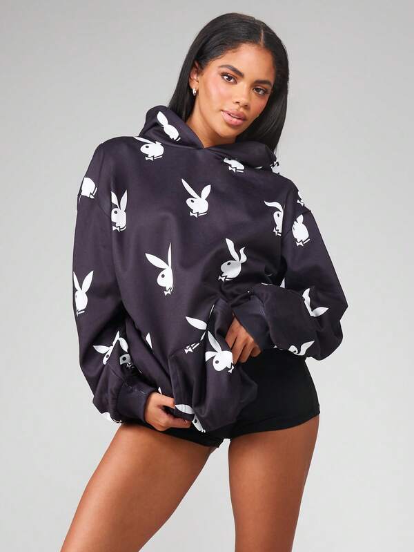 missguided Missguided x Playboy Oversized Hooded Mini Dress With Bunny Print Design