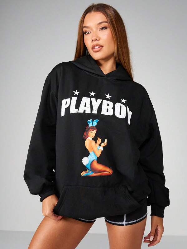 missguided Missguided x Playboy Oversized Hooded Mini Dress With Graphic Print