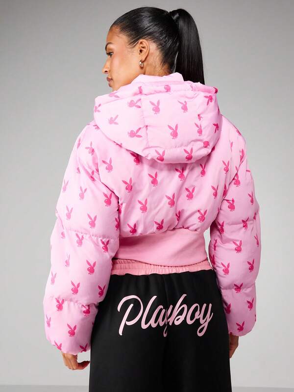 Missguided Missguided X Playboy Oversized Hooded Puffer Coat With Bunny Print