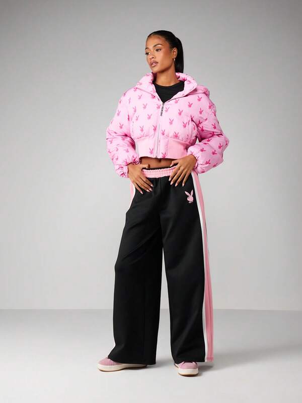 Missguided Missguided X Playboy Oversized Hooded Puffer Coat With Bunny Print