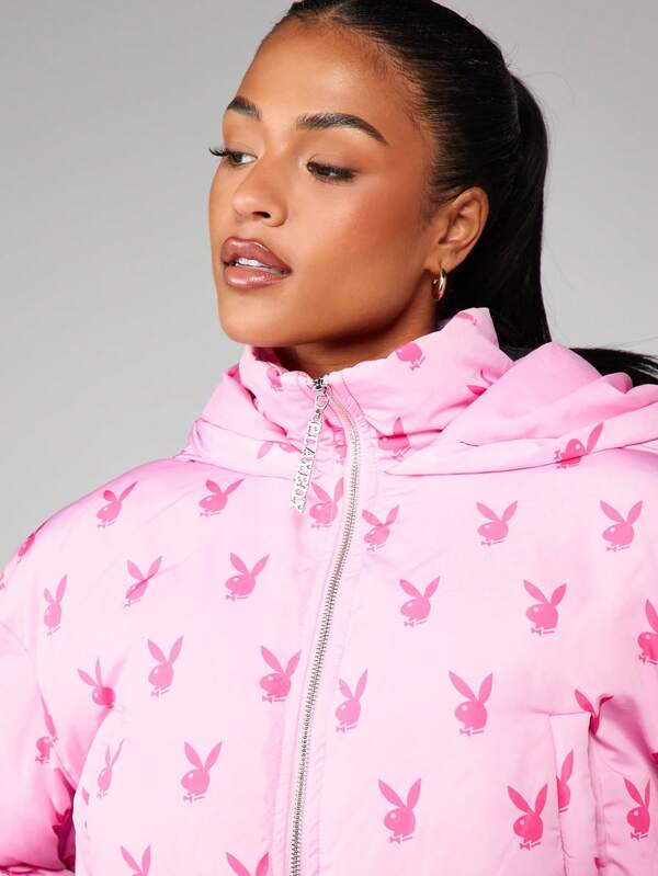 Missguided Missguided X Playboy Oversized Hooded Puffer Coat With Bunny Print