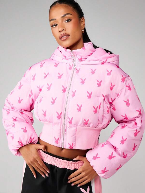 missguided Missguided x Playboy Oversized Hooded Puffer Coat With Bunny Print