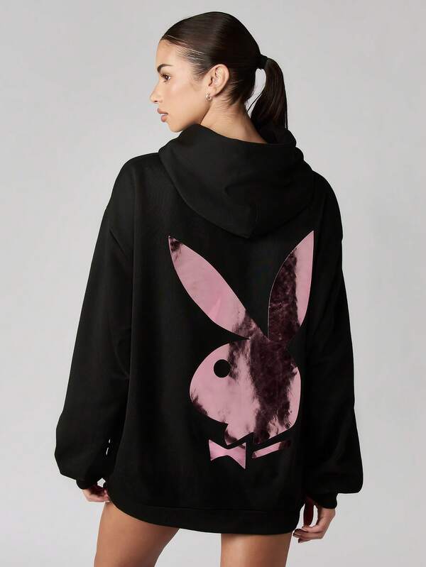Missguided Missguided X Playboy Oversized Hooded Sweatshirt Dress With Metallic Bunny Logo