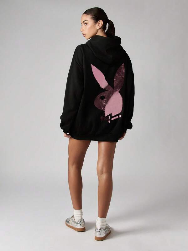 Missguided Missguided X Playboy Oversized Hooded Sweatshirt Dress With Metallic Bunny Logo