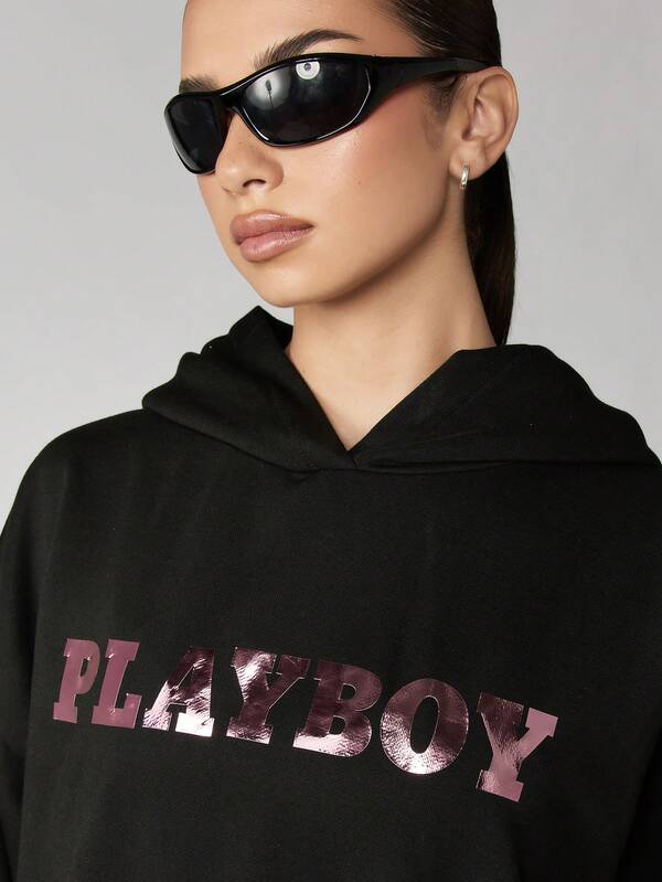 Missguided Missguided X Playboy Oversized Hooded Sweatshirt Dress With Metallic Bunny Logo